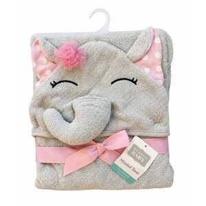HUDSON BABY Gray Elephant Hooded Bath Towel Pink Bow 33x33" 100% Cotton NWT